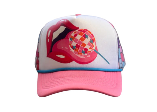 Colorful trucker hat featuring a tongue licking a disco ball lollipop