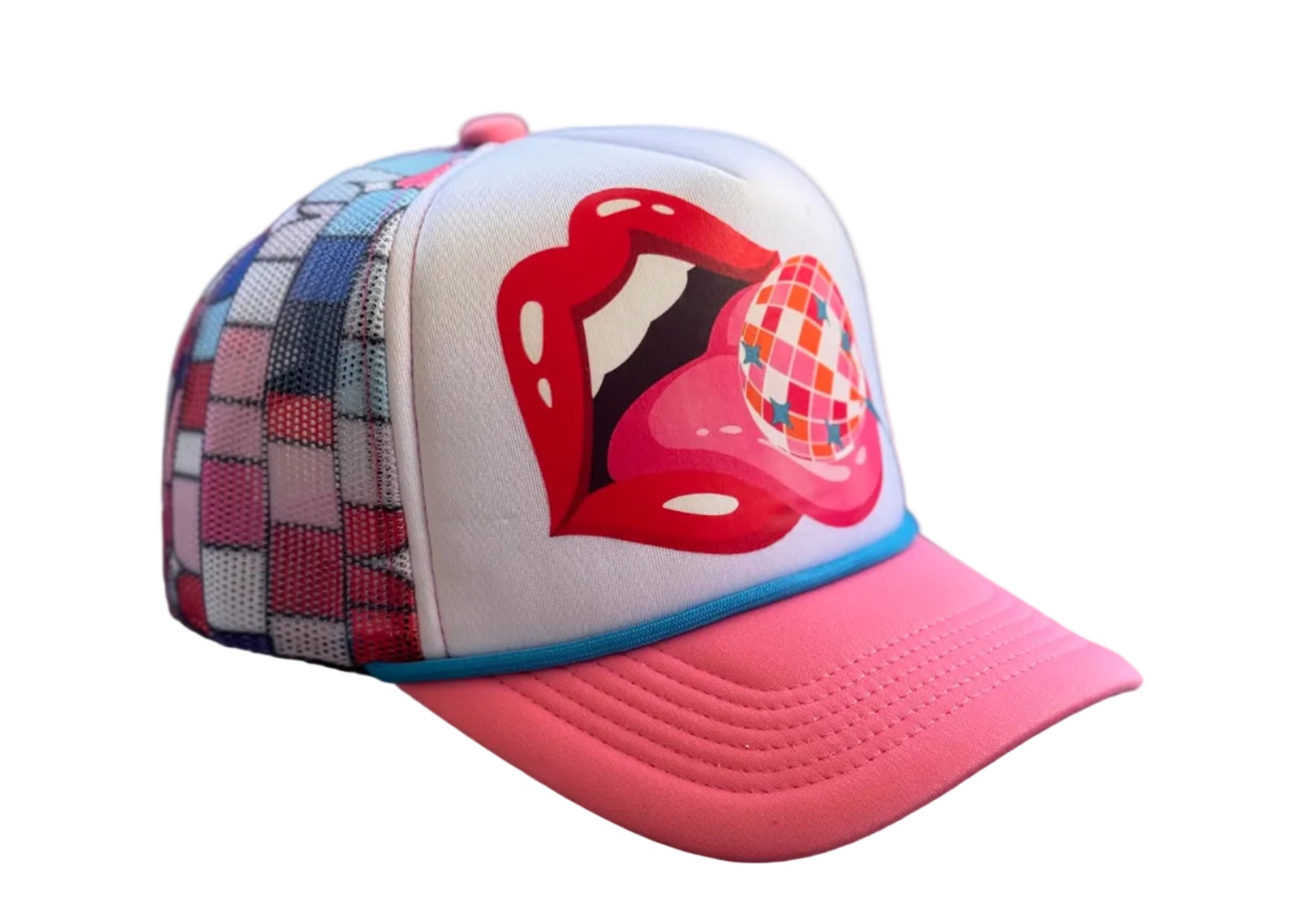 Colorful trucker hat featuring a tongue licking a disco ball lollipop