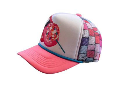 Colorful trucker hat featuring a tongue licking a disco ball lollipop