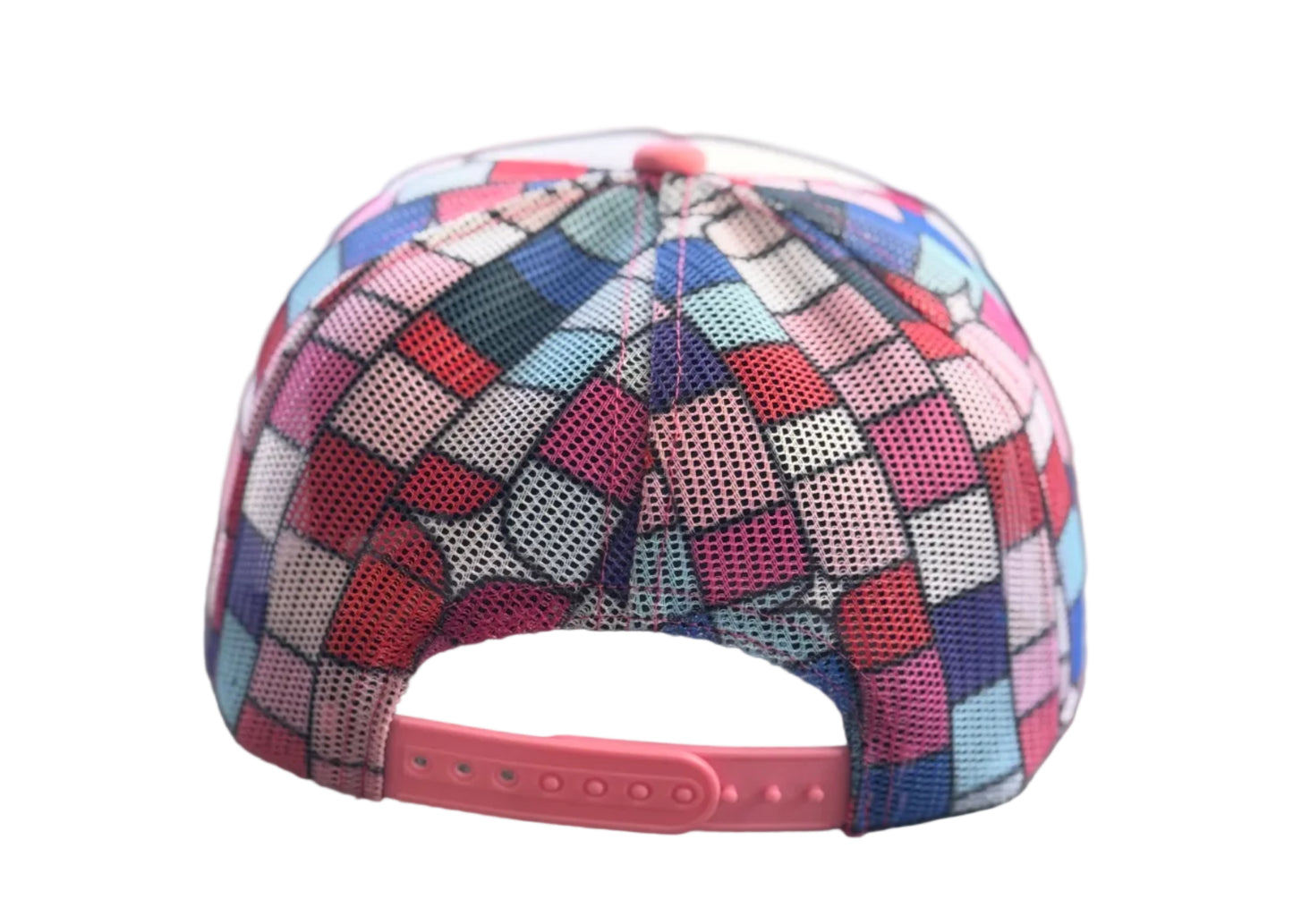 Colorful trucker hat featuring a tongue licking a disco ball lollipop