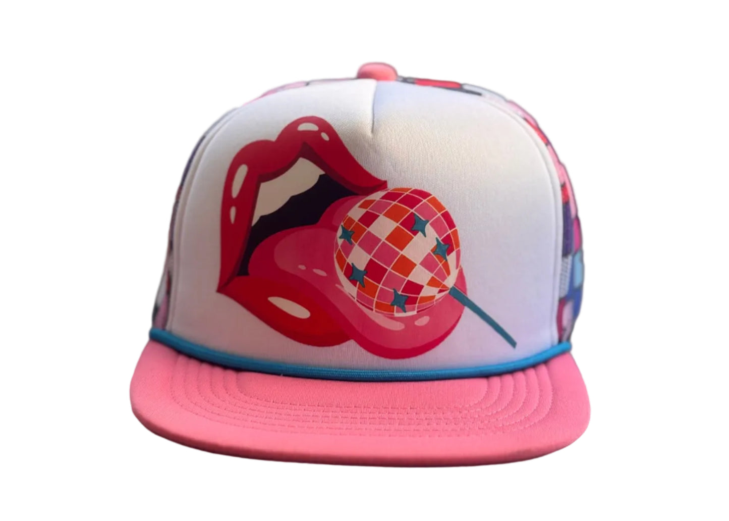 Colorful trucker hat featuring a tongue licking a disco ball lollipop