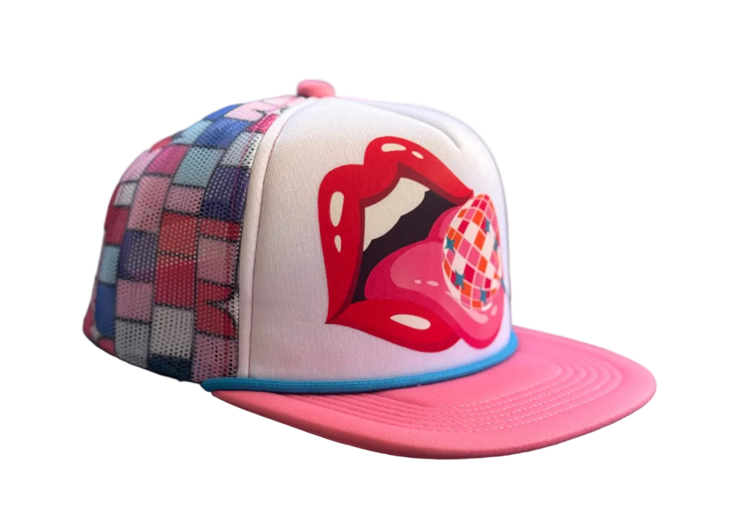 Colorful trucker hat featuring a tongue licking a disco ball lollipop