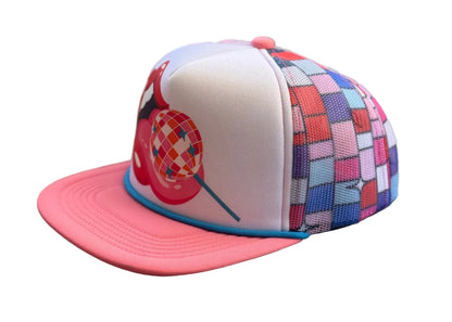 Colorful trucker hat featuring a tongue licking a disco ball lollipop