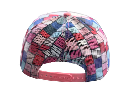 Colorful trucker hat featuring a tongue licking a disco ball lollipop