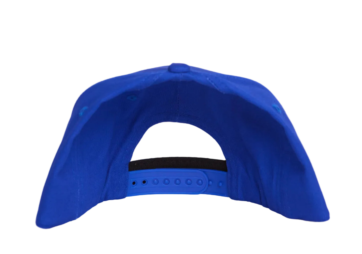 Blue hat with a patch featuring Aaron Donald celebrating a sack to win the Super Bowl