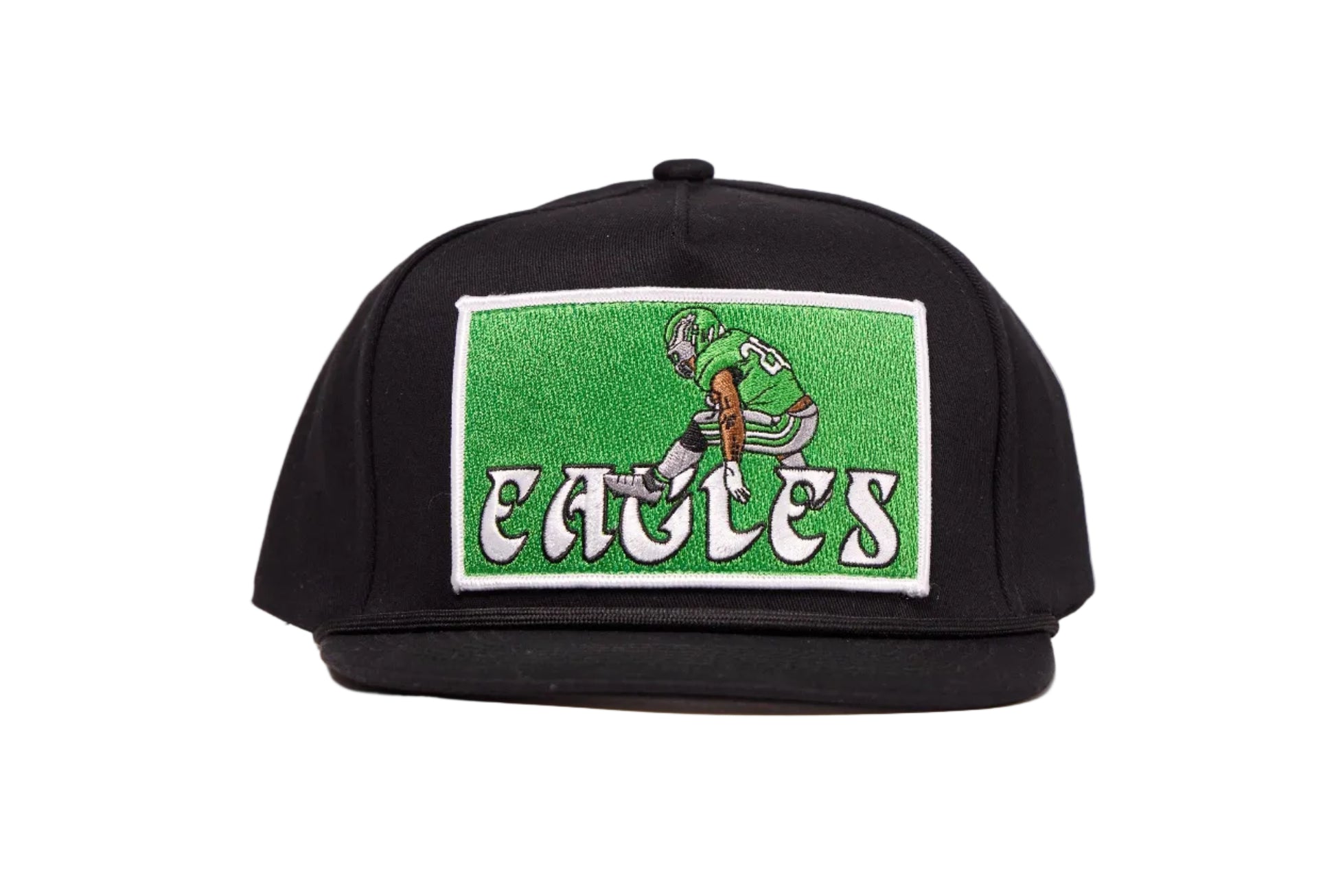 Black hat featuring Saquon Barkley in his iconic backwards hurdle on a green patch