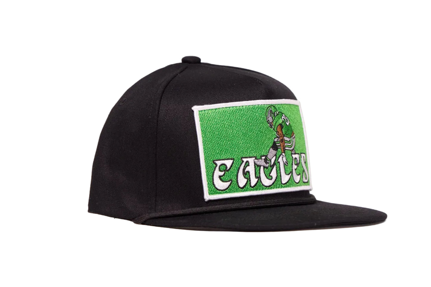 Black hat featuring Saquon Barkley in his iconic backwards hurdle on a green patch