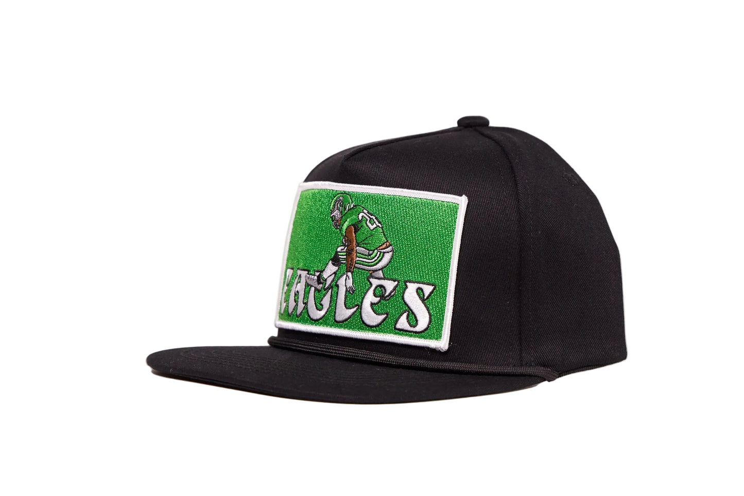 Black hat featuring Saquon Barkley in his iconic backwards hurdle on a green patch