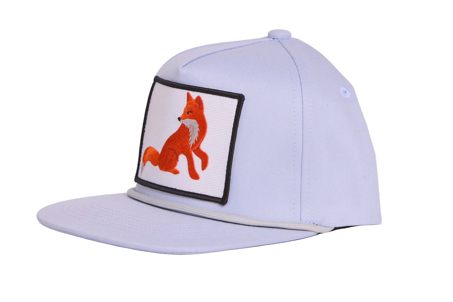 Grey hat with a regal fox in profile, looking back over it's shoulder