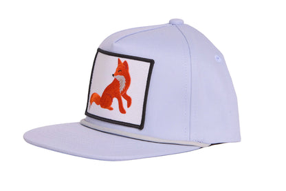 Grey hat with a regal fox in profile, looking back over it's shoulder