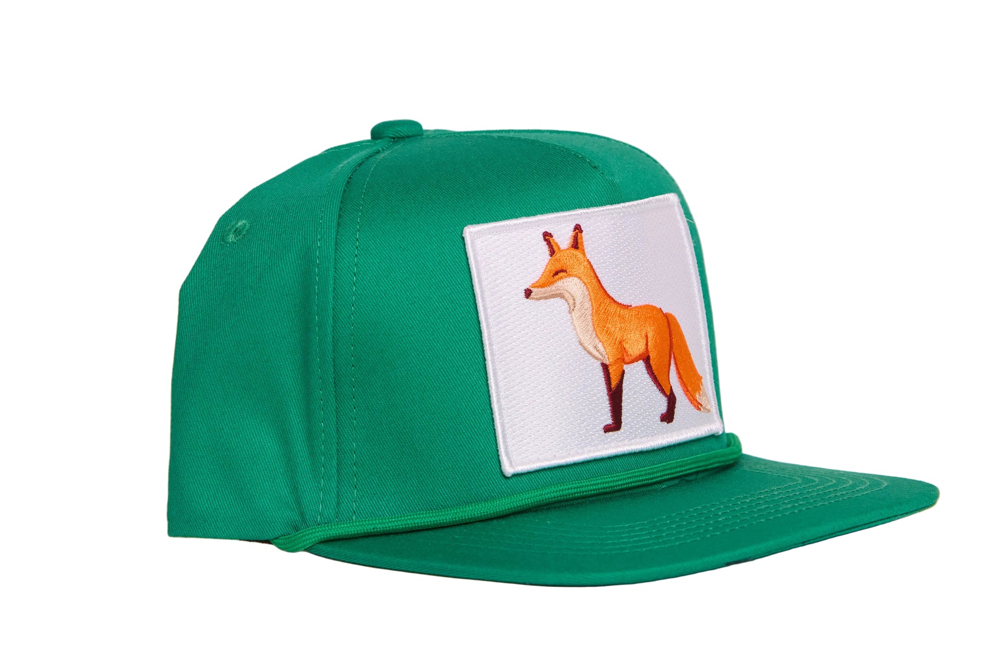 Green flat-bill hat with a patch of a fox in profile