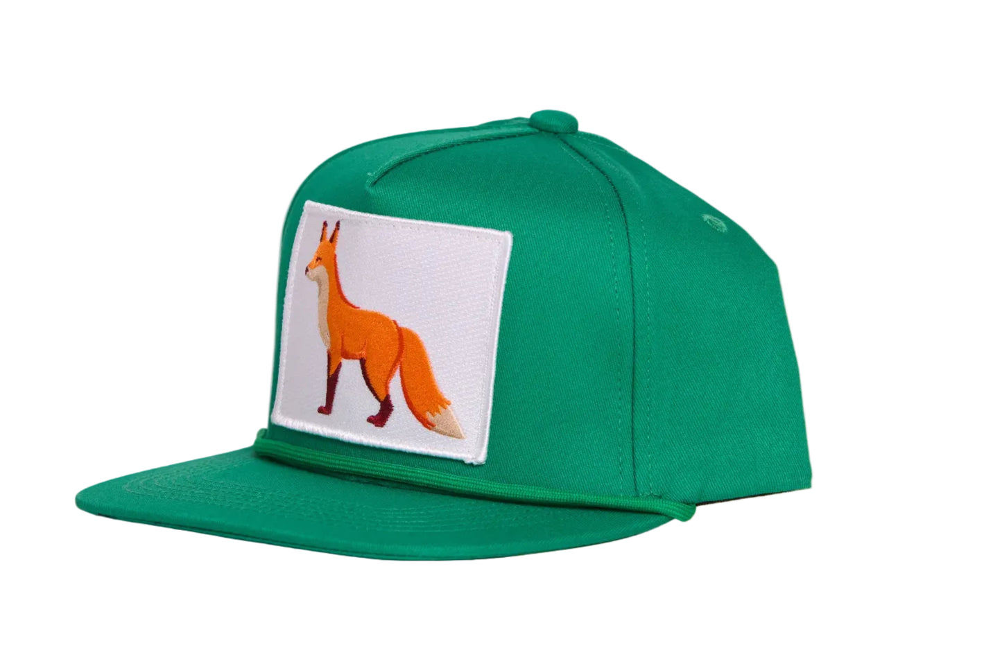 Green flat-bill hat with a patch of a fox in profile