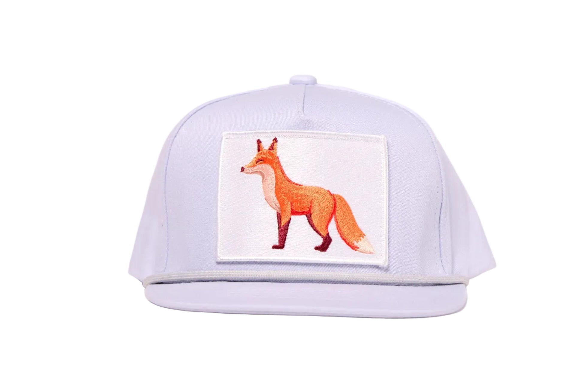 Grey flat-bill hat with a patch of a fox in profile