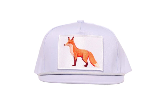 Grey flat-bill hat with a patch of a fox in profile