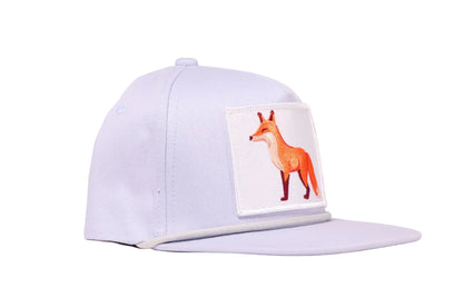 Grey flat-bill hat with a patch of a fox in profile