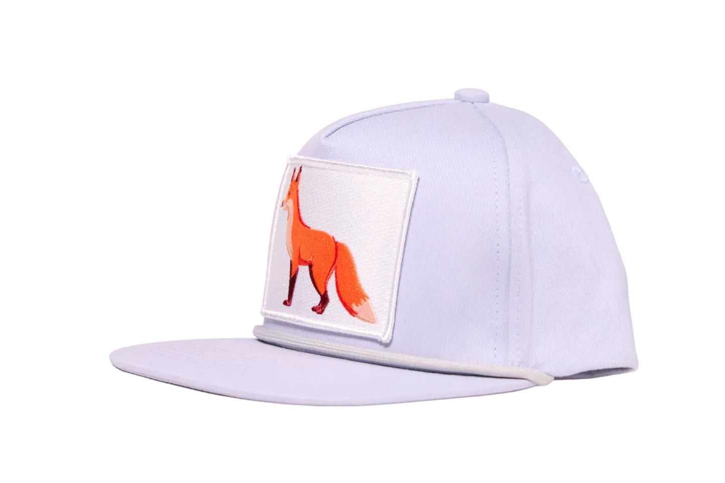 Grey flat-bill hat with a patch of a fox in profile