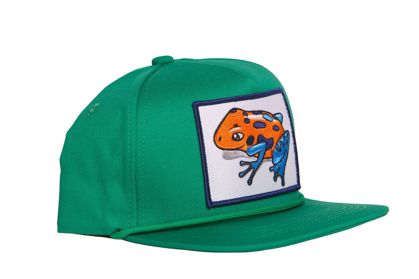 Green hat with a Poison Dart Frog embroidered patch