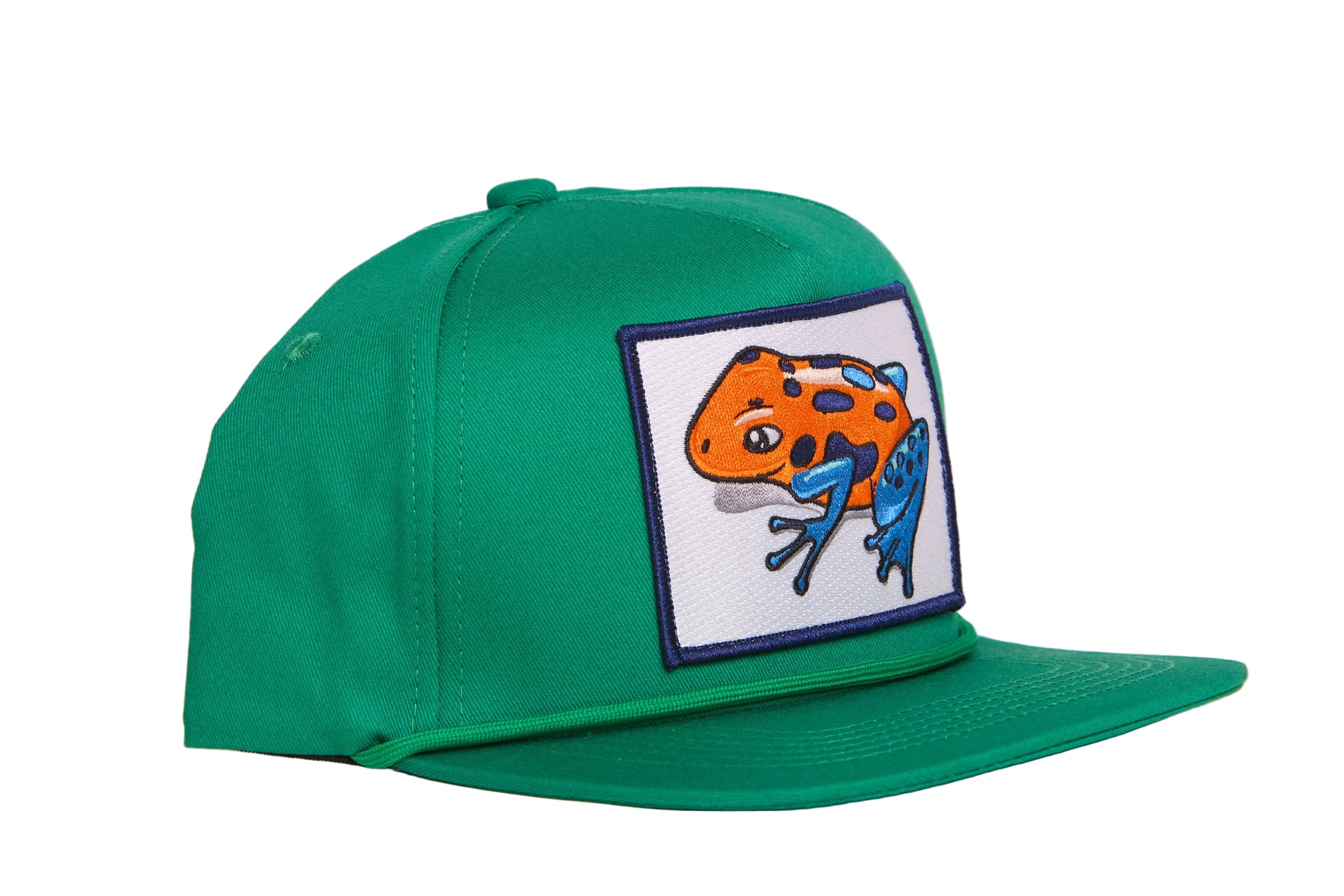 Green hat with a Poison Dart Frog embroidered patch