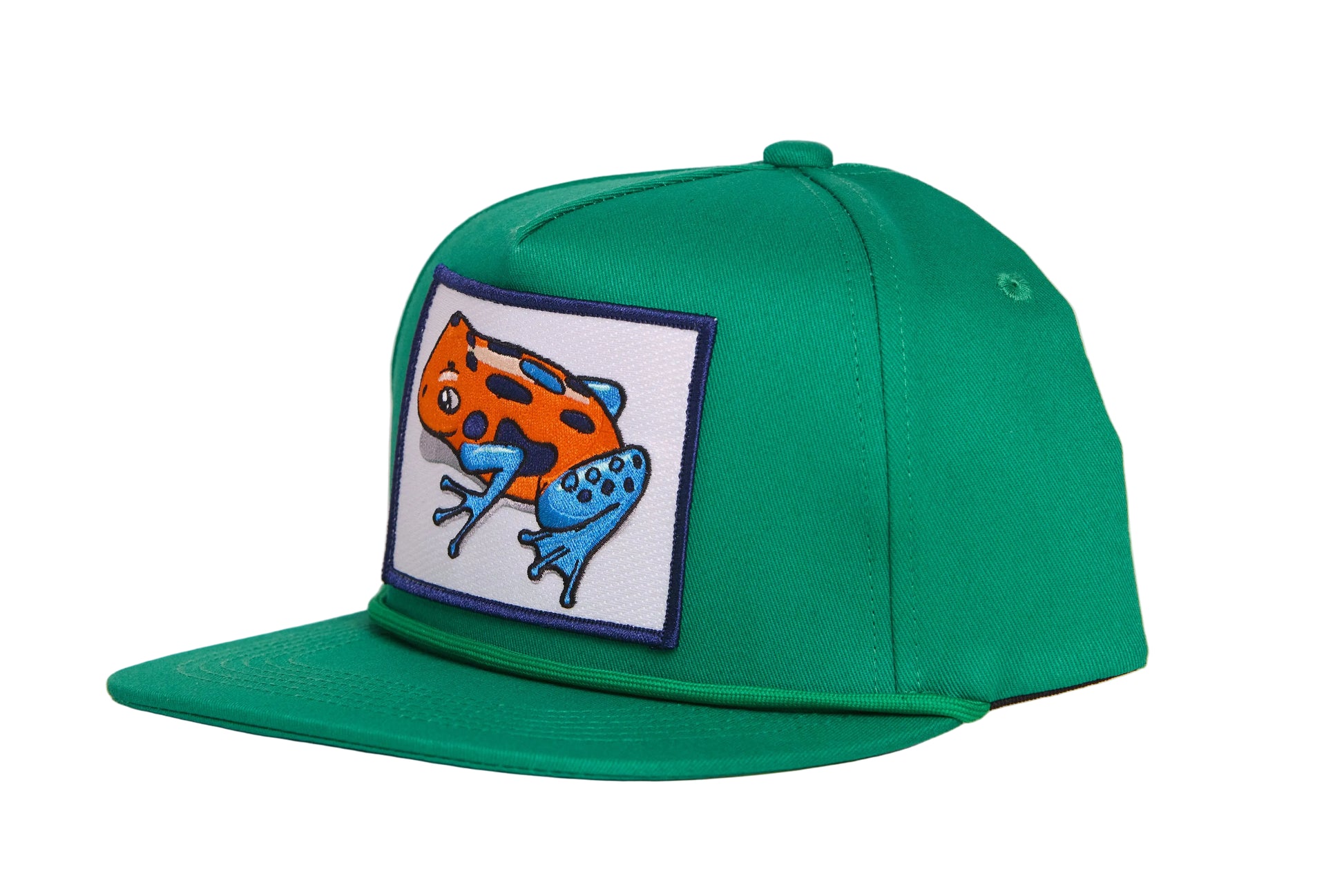 Green hat with a Poison Dart Frog embroidered patch