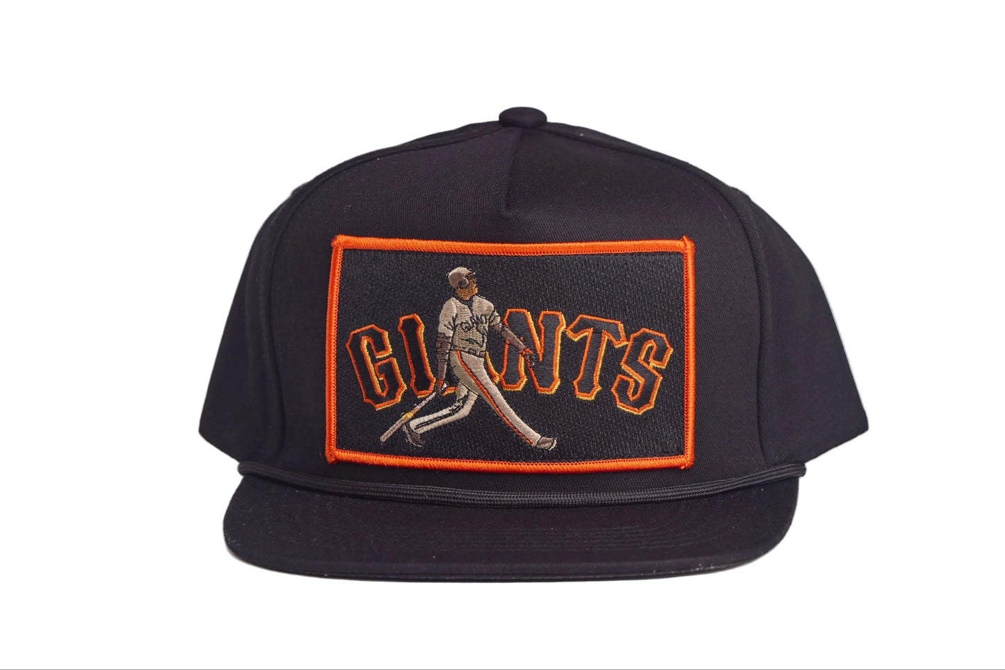 Black flat-bill hat featuring Barry Bonds