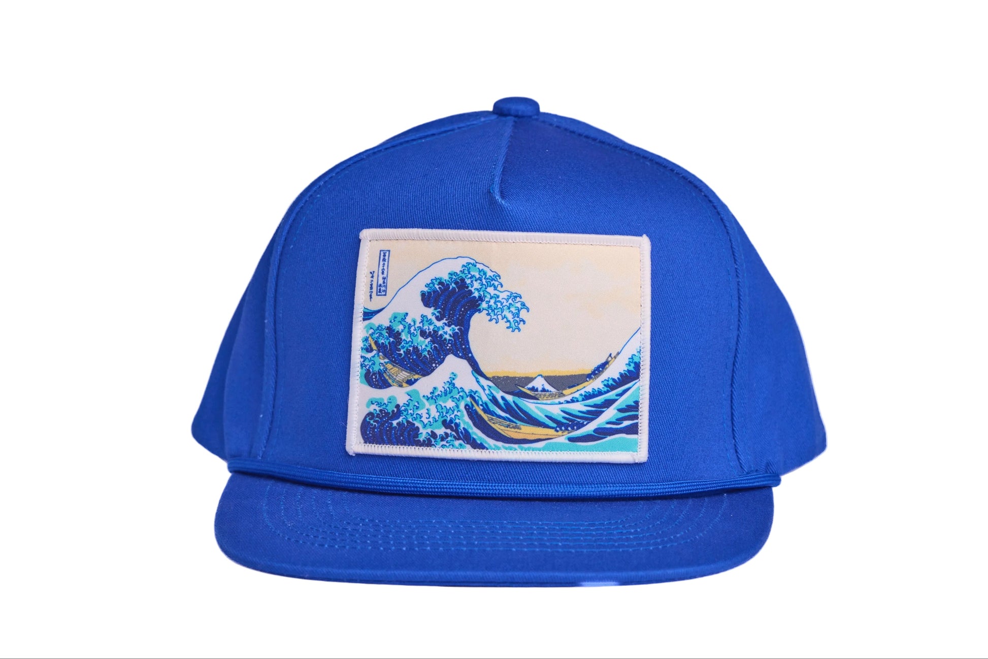 Blue cap featuring Hokusai's iconic painting of The Great Wave off Kanagawa from the series 36 views of Mt. Fuji