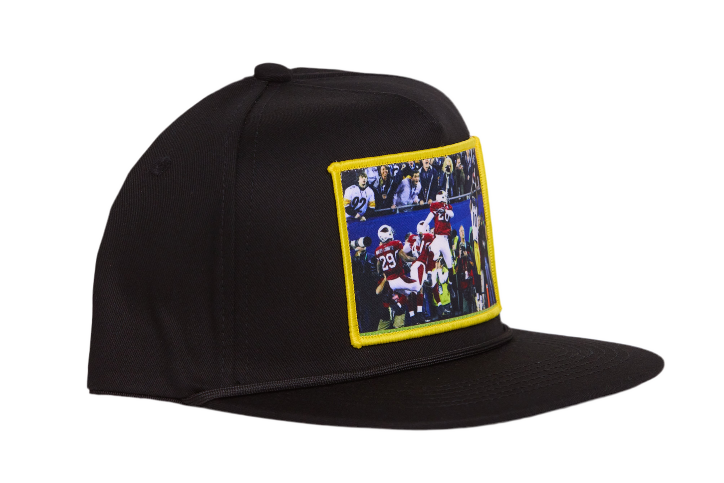 Black hat featuring a patch with Santonio Holmes catching a touchdown