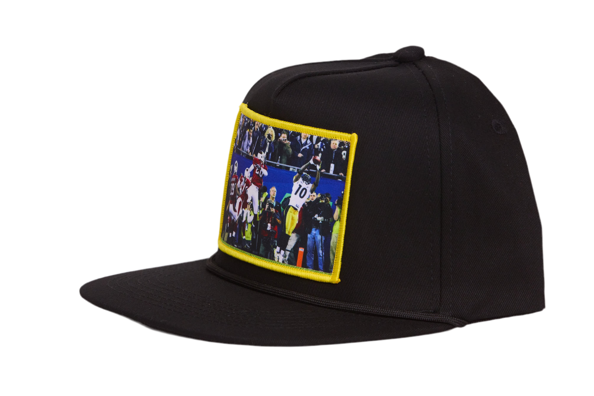 Black hat featuring a patch with Santonio Holmes catching a touchdown