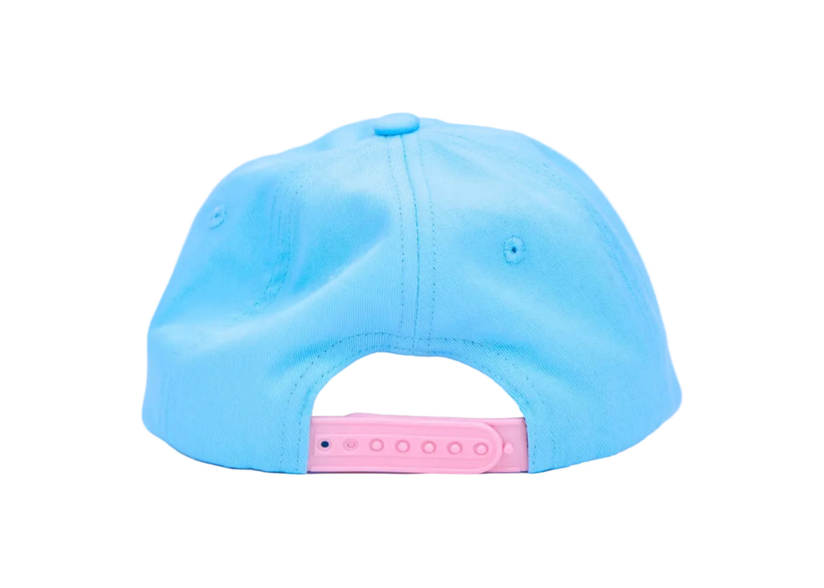The back of a light blue baseball cap with a pink plastic snapback closure, shown on a clean white background.