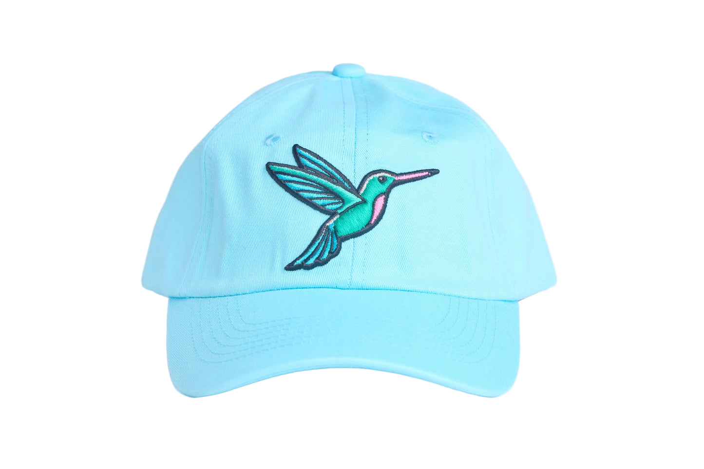 Baby blue unstructured dad hat with embroidered hummingbird design