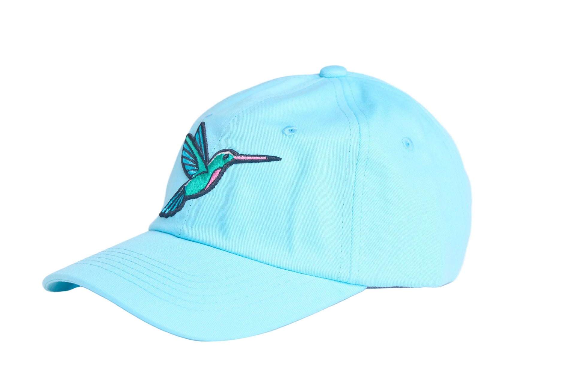 Baby blue unstructured dad hat with embroidered hummingbird design