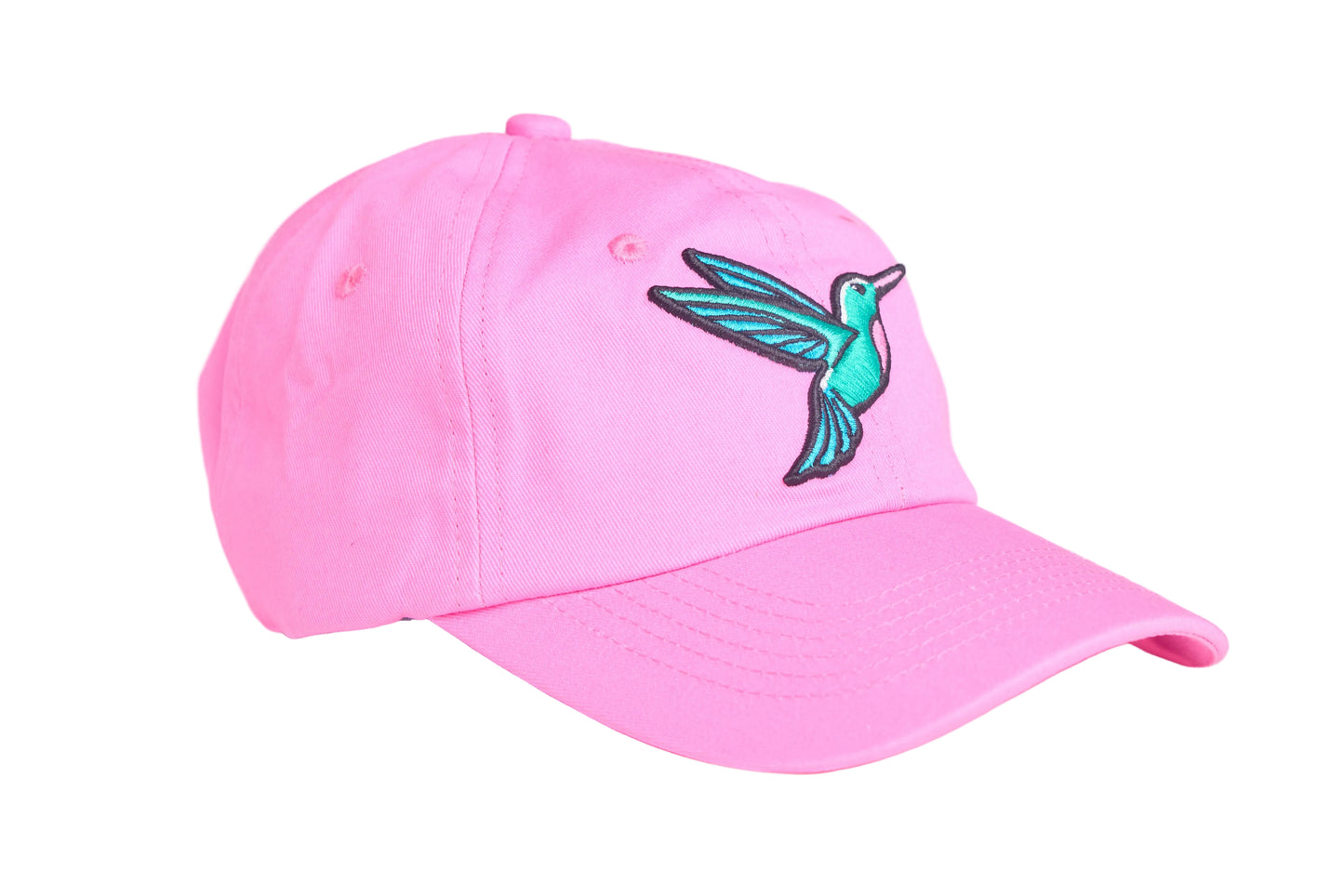 Light pink unstructured dad hat with embroidered hummingbird design