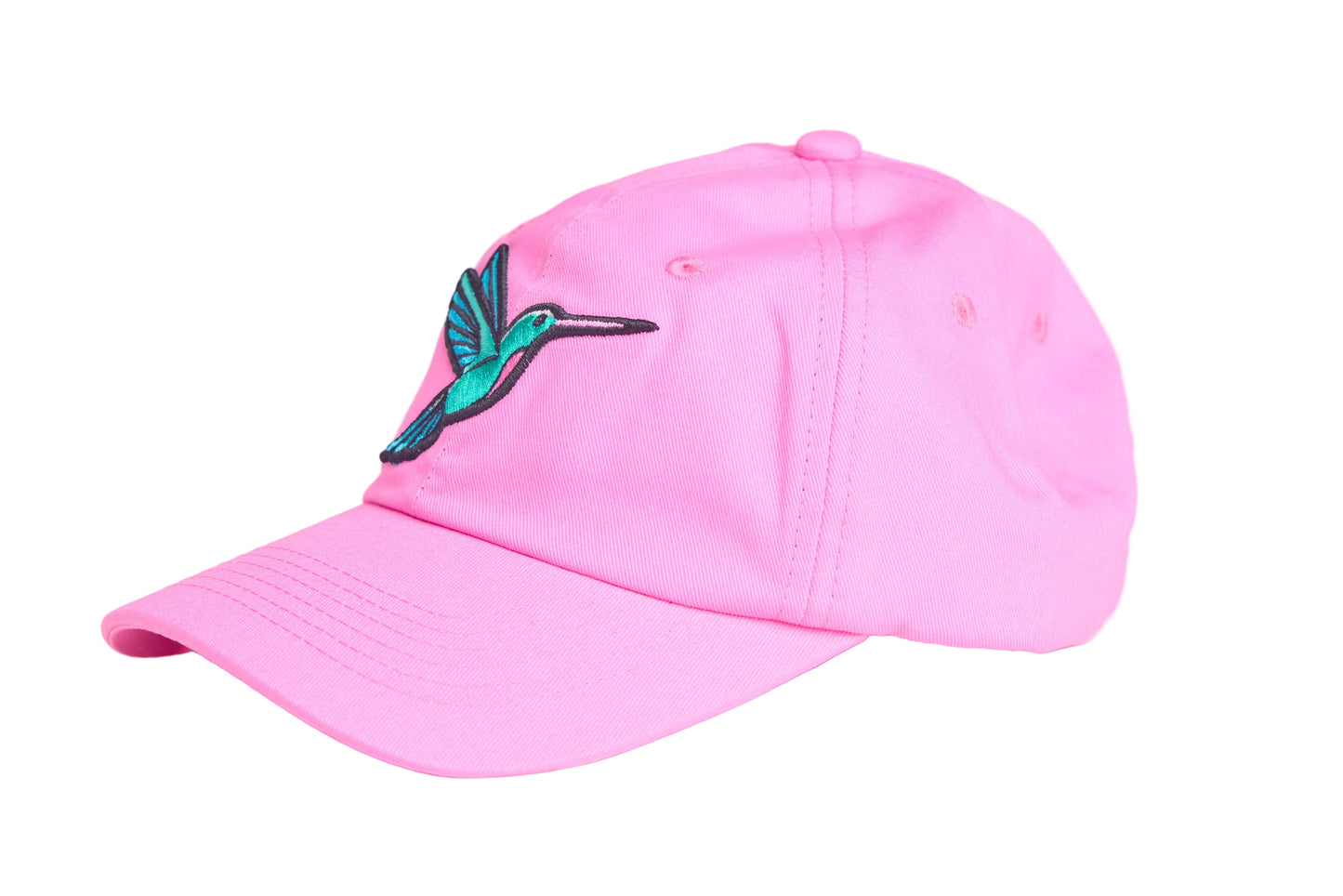 Light pink unstructured dad hat with embroidered hummingbird design
