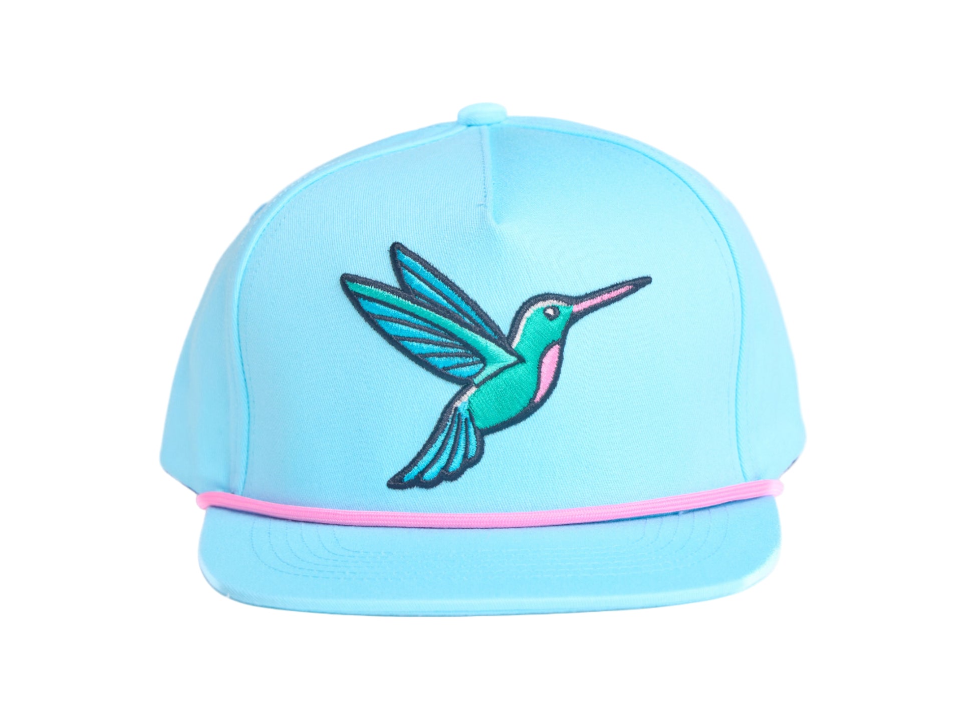 Baby blue flat bill hat with an embroidered hummingbird design 