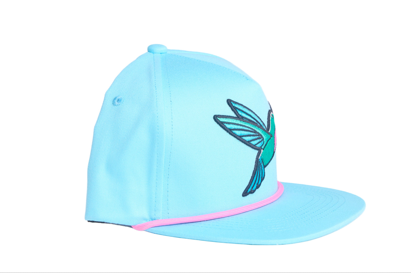 Baby blue flat bill hat with an embroidered hummingbird design 