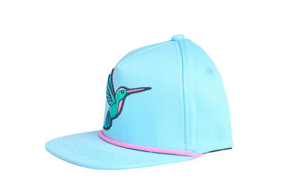 Baby blue flat bill hat with an embroidered hummingbird design 
