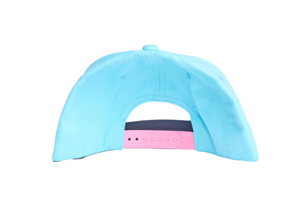 Baby blue flat bill hat with an embroidered hummingbird design 