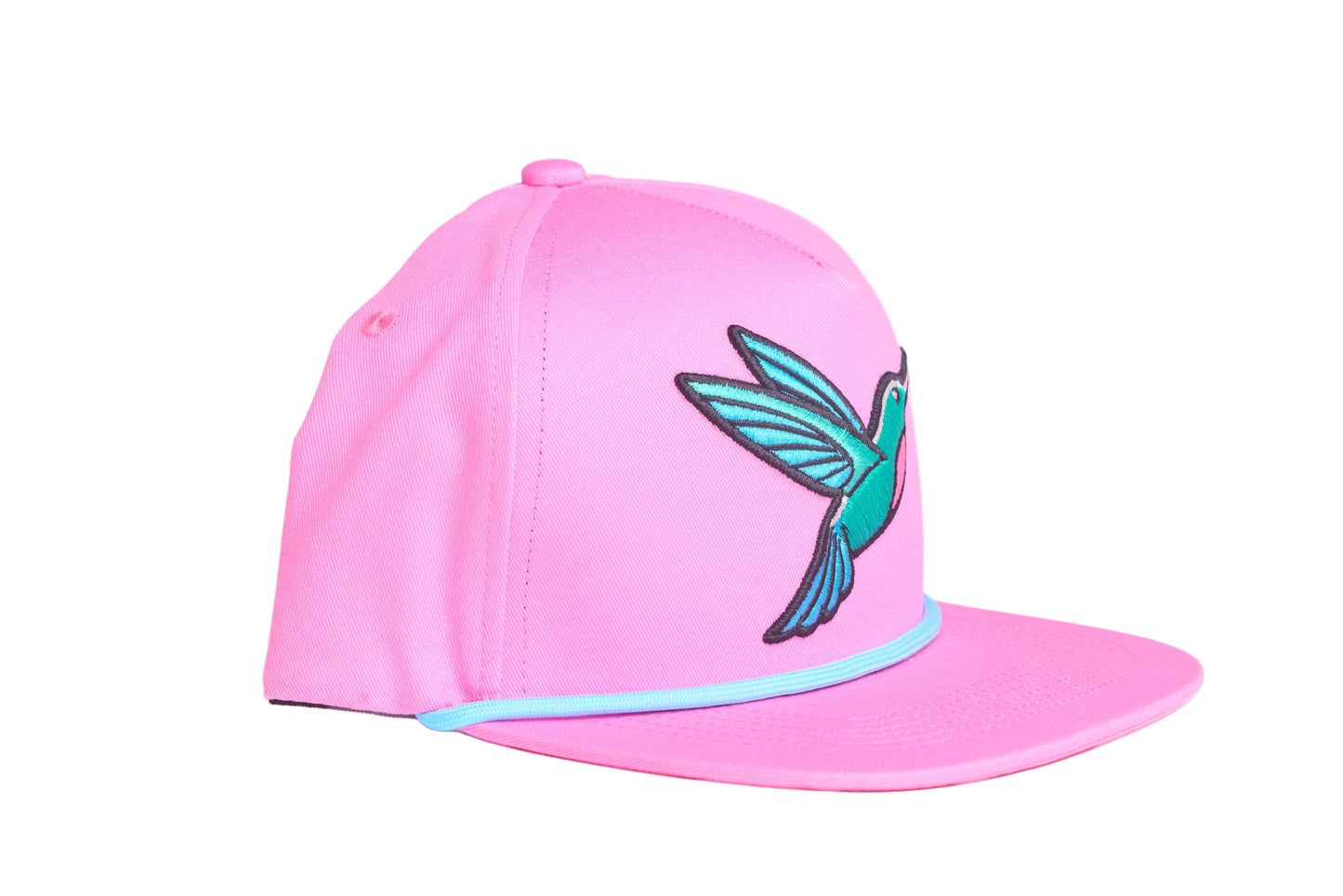 Pink flat bill hat with an embroidered hummingbird design 