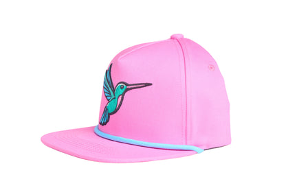 Pink flat bill hat with an embroidered hummingbird design 