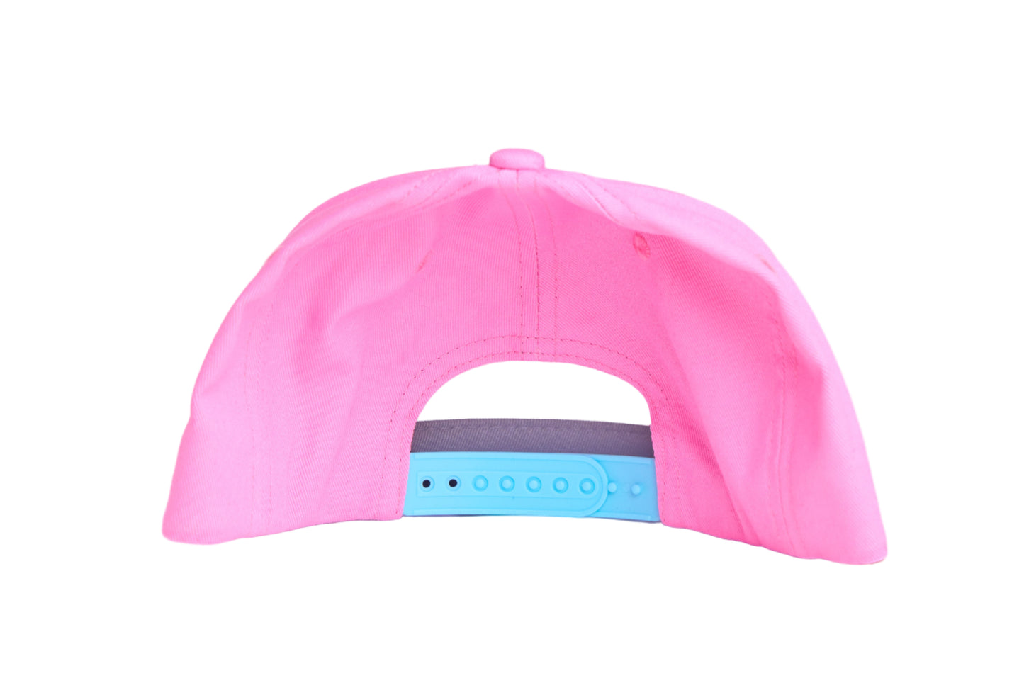 Pink flat bill hat with an embroidered hummingbird design 