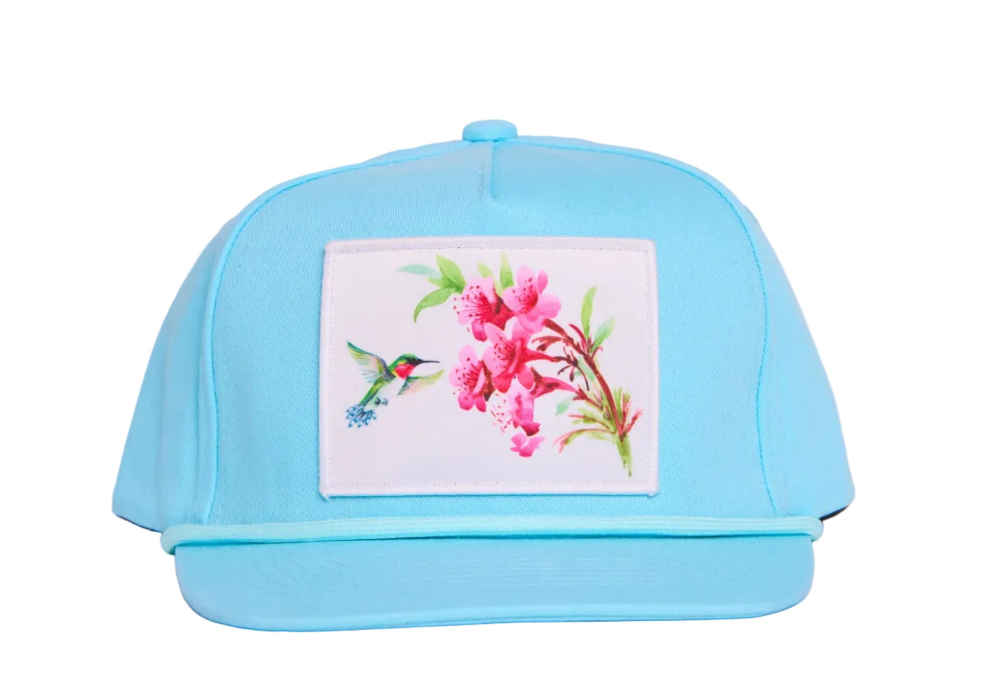 Turquoise blue hat with a patch of a hummingbird and flowers