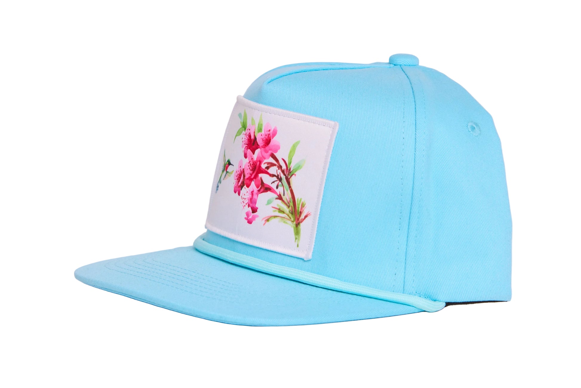 Turquoise blue hat with a patch of a hummingbird and flowers