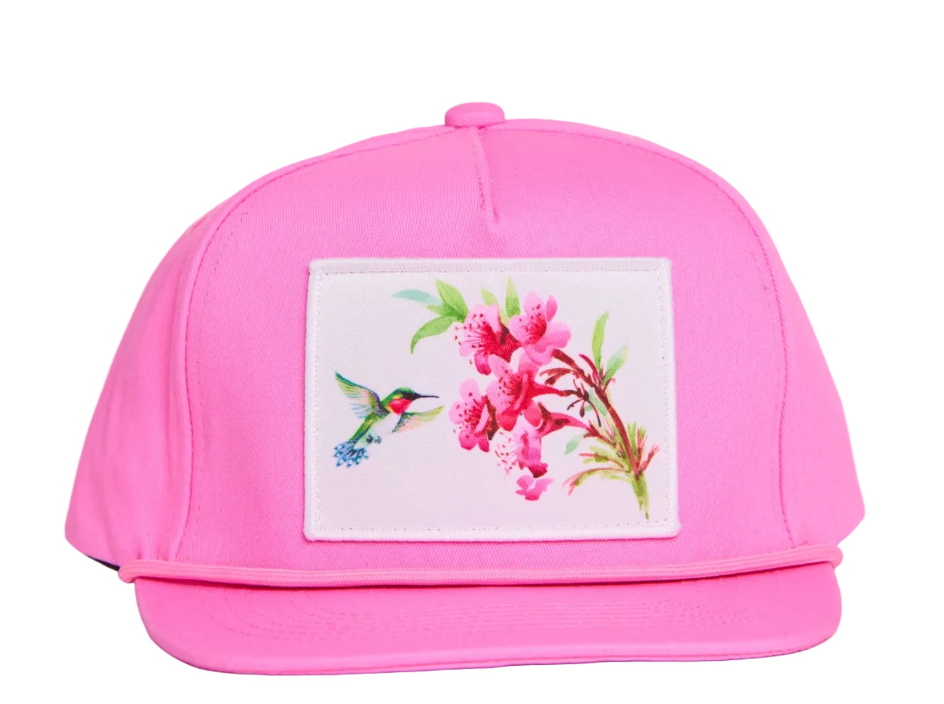 Pink hat with a patch of a hummingbird and flowers