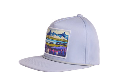 Grey flat-billed hat with a scenic patch featuring mountains and flowers from the southern coast of Iceland
