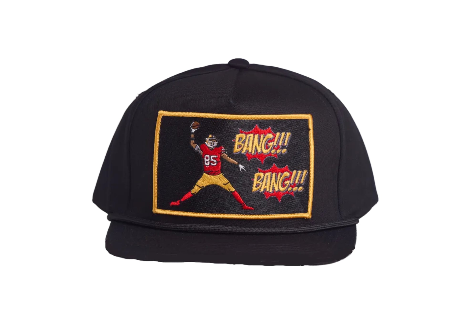 Black hat with George Kittle spiking a football with a Bang Bang 