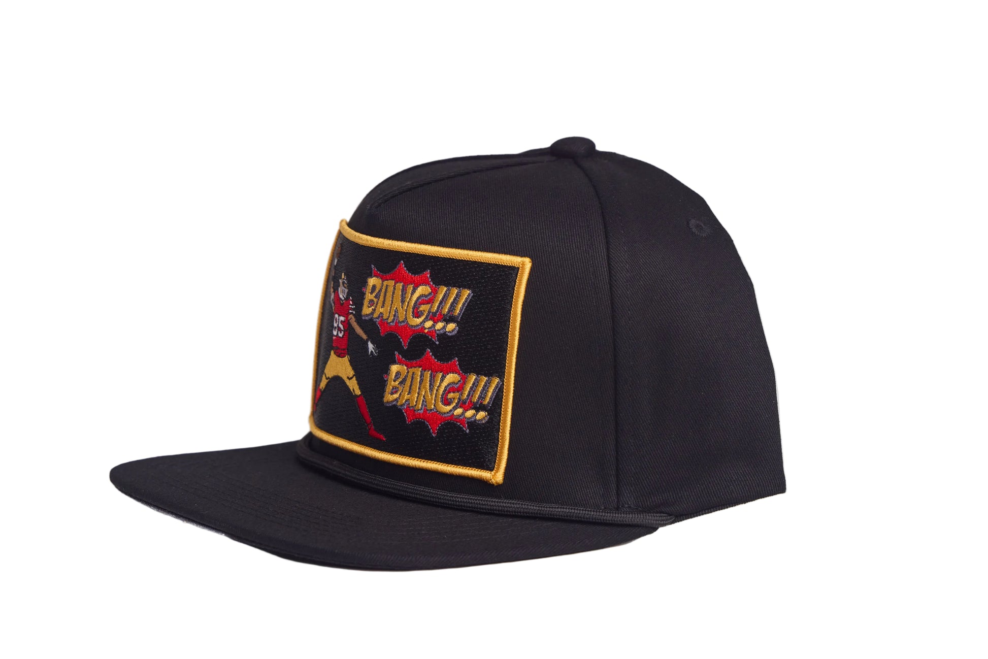 Black hat with George Kittle spiking a football with a Bang Bang 