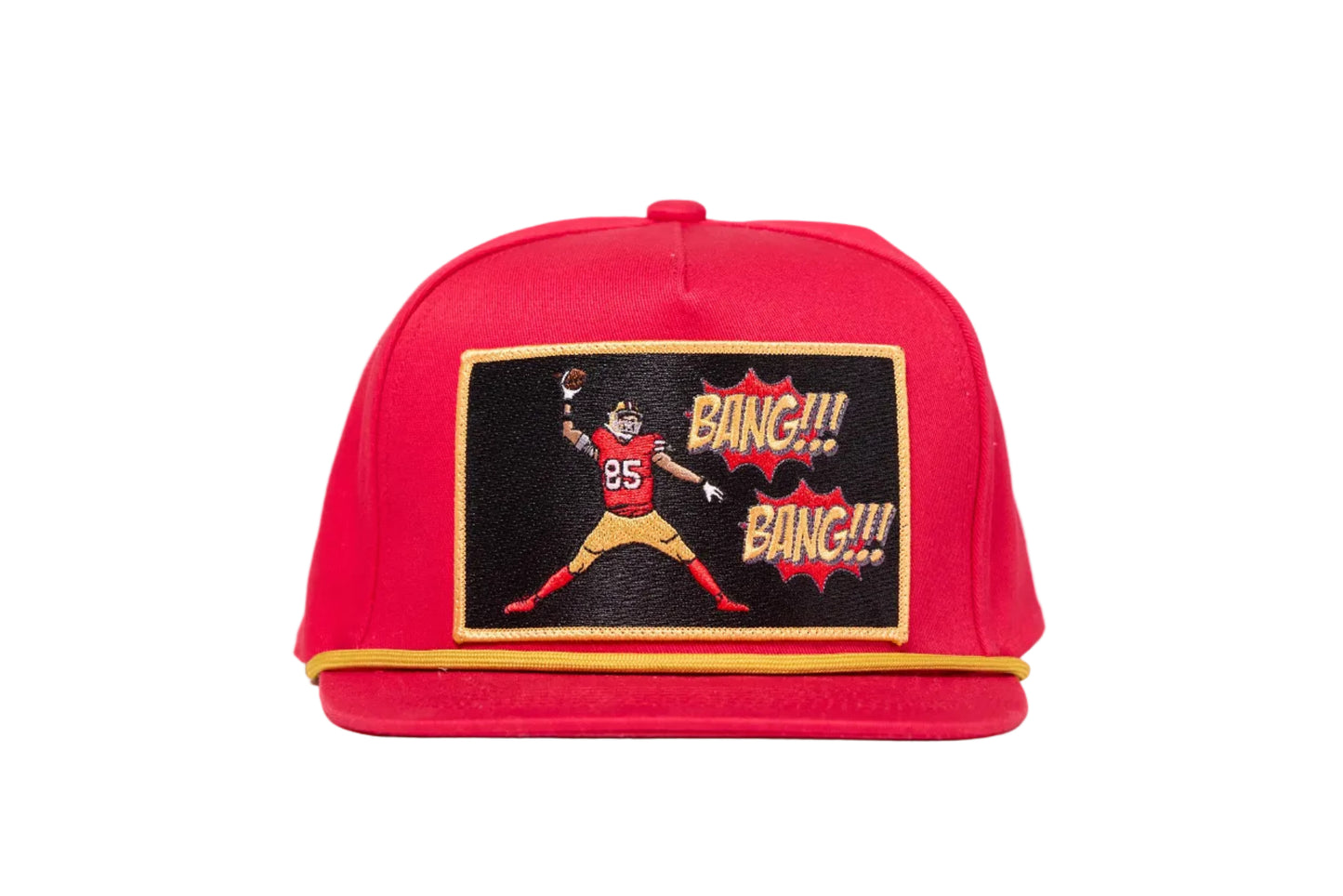 Red hat with George Kittle spiking a football with a Bang Bang 