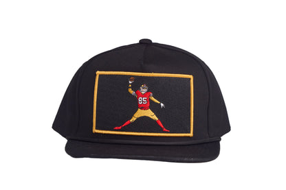 Black flat-bill hat with George Kittle spiking a football patch