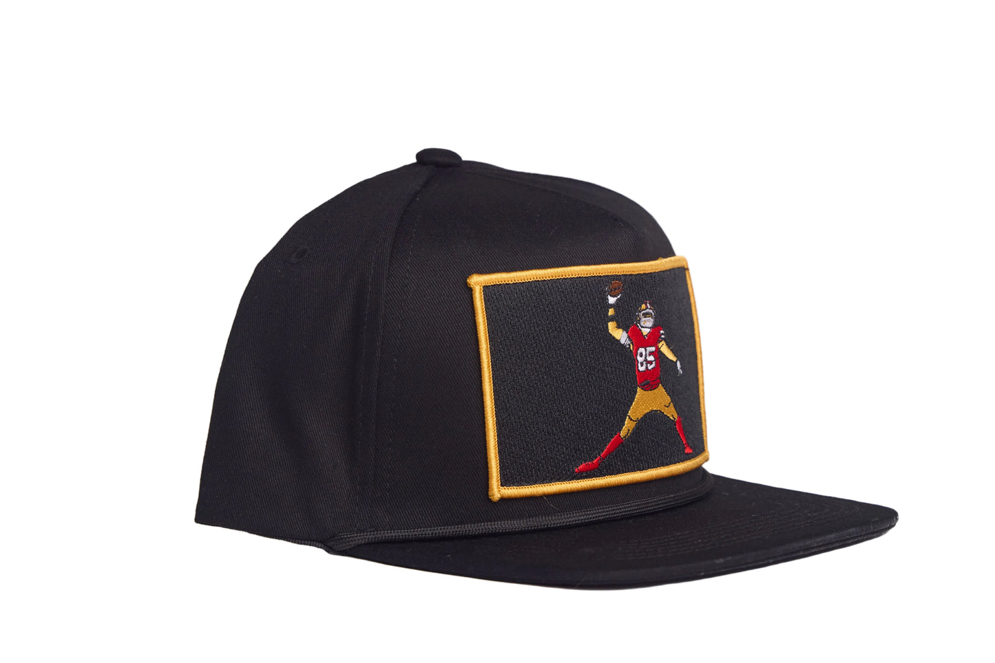 Black flat-bill hat with George Kittle spiking a football patch