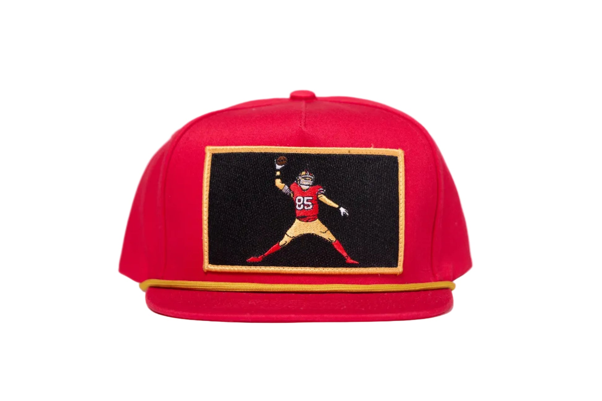 Red flat-bill hat with George Kittle spiking a football patch