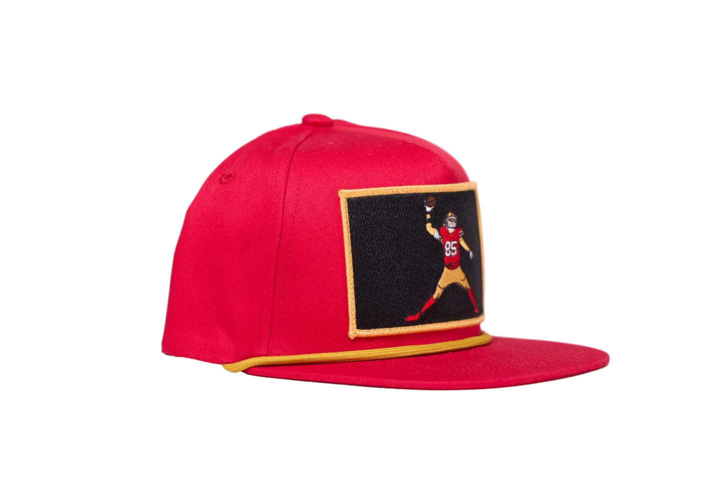 Red flat-bill hat with George Kittle spiking a football patch